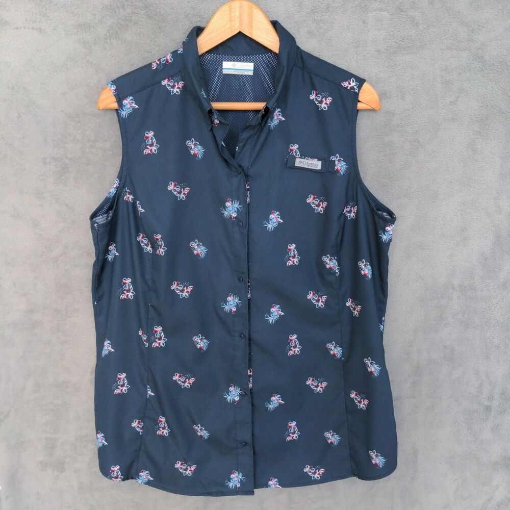 Columbia PFG Super Tamiami Sleeveless Shirt Womens XL Blue Floral Tank Snap Up